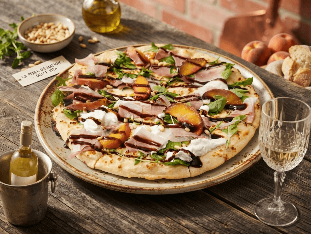Pizza Dolce Vita de La Perle de Mathay : burrata, jambon cru, pêche rôtie et crème balsamique